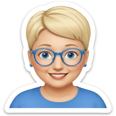 woman 50 years old, very short blonde hair, blue eyes and blue round glasses smile and overweight sticker