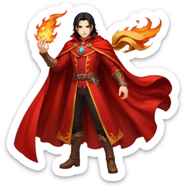 Vincent Valentine from Final Fantasy 7, full body, standing pose, red cape flowing, golden claw, fire swirling around sticker