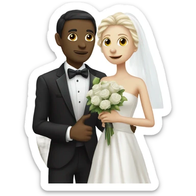White humman man in a tuxedo holding, Alien reprilian woman in wedding dress, and one , hands getting married sticker
