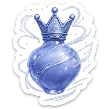 final luxury elixir bottle inspired by the reference crown: crown shape on top, color #7986cb, bottom is smoothly rounded and closed, merging with the crown, the whole bottle looks like it's floating and swirling in the air, prominent silver and iridescent details, extra magical sparkles, very small neck, seamless rounded bottom, floating, transparent background, no base or shadow, modern, luxury collection style sticker