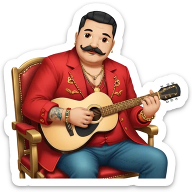 Icon for Chanson: Old fat chanson singer with tattoos and moustache, red jacket, gold chains and braslettes, sitting on a chair with an acoustic guitar. The atmosphere should reflect a nostalgic, soulful vibe with vintage elements. Transparent background. sticker