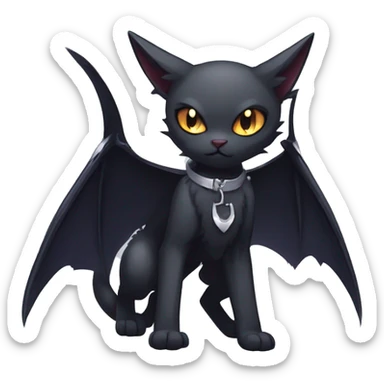   cool edgy beautiful anime-style ethereal dark-punk-themed animal vampiric cat-hybrid Fakemon with fangs and bat-wing-ears with a collar full body sticker