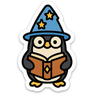 penguin wizard with glasses, holding an ancient spellbook, clean vector icon style sticker