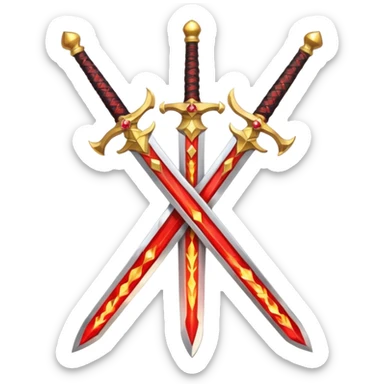 Two crossed swords that are golden in blade and handle and have fiery and royal appearence to them as well as red gem stones sticker