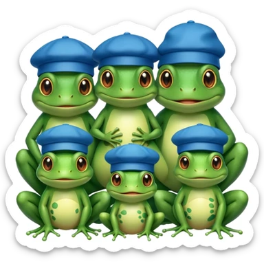 a family of frogs wearing blue hats, parent frogs and baby frogs sticker