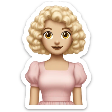pale girl with bangs and long blonde curly hair and a pastel pink puff sleeve dress sticker