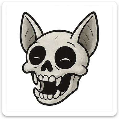 whitish-gray cartoon bat skull with large black eye sockets, expressive, representing figurative death like dying from laughter or affection sticker