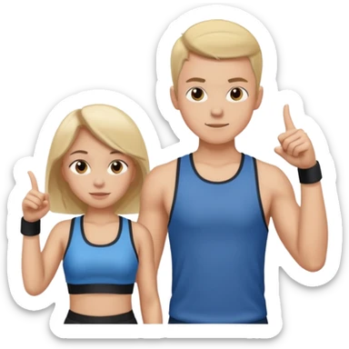 Girl and boy in gym clothes who points out sticker