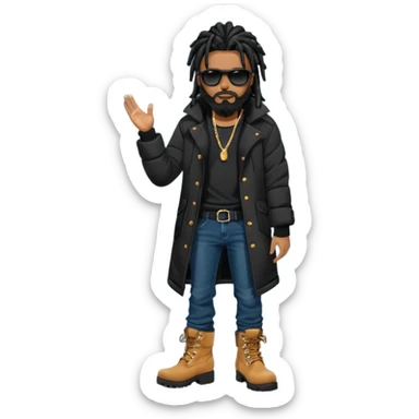 African American man with shoulder length black dreadlocks with black beard wearing black sunglasses wearing a black bubble winter coat  wearing denim skinny jeans and timberland boots standing in front of a Christian church sticker