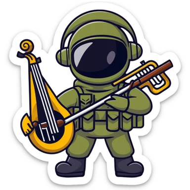 soul soldier character with musical instruments and military-inspired outfit sticker