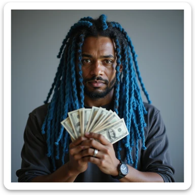 realistic person with blue dreadlocks holding money, photorealistic AI style sticker