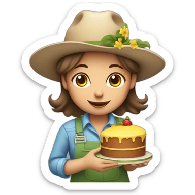 girl gardener in a hat with a cake sticker