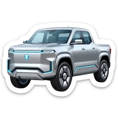 A futuristic electric pickup truck emoji, silver chrome body, angular cyber design, smooth metallic panels, subtle reflections, minimalistic proportions, iOS emoji style, centered composition, clean white background, soft lighting sticker