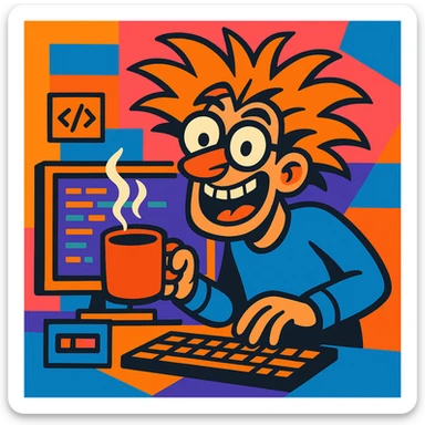 crazy programmer, wild hair, glasses, holding coffee, vibrant toon style sticker