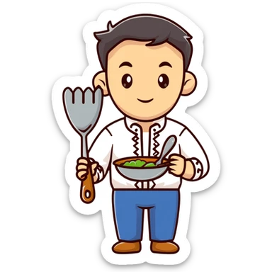 Ukrainian man in traditional white embroidered shirt holding a ladle and kitchen shears sticker