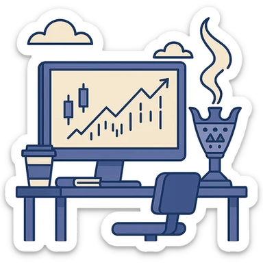 trading desk with oud incense burner next to the monitor, flat modern style, Middle Eastern trading theme sticker