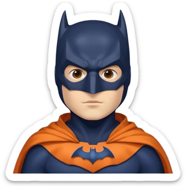 generate a batman emoji with just the face and neck showing and part of the cloak and and wings. Shade the mask in dark navy blue. Shade the chest in a bright medium olive green. Shade the cloak in a solid vibrant orange sticker