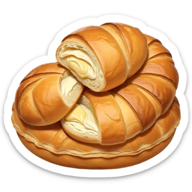A group of baked goods: a round bread roll beside a small croissant on a warm golden background sticker