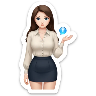 sexy woman brunette, very large breasts, pale skin, blue eyes, long brown hair, white blouse, short black skirt. office.  sticker