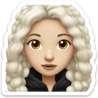 White skinned girl has a long dark hair wearing a black puff coat that has a black fur hood sticker