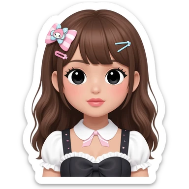 Gyaru makeup, my melody hairclip, cutecore, doll eyes, Doll, big chest, dark brown skin, with half up and half down brown hair hair style, black cute eyes, cute lips with Gyaru outfit sticker