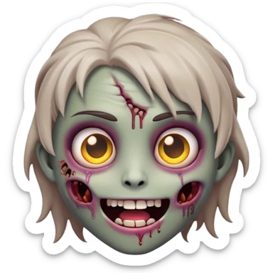 Cinematic Cute Zombie Portrait Emoji, with a delightfully quirky, slightly disheveled face in muted ashen hues, featuring quirky bright eyes and a playful, stitched-together smile, simplified yet irresistibly charming, highly detailed with a soft glowing outline that captures the adorable, offbeat spirit of a zombie who’s more cute than creepy! sticker