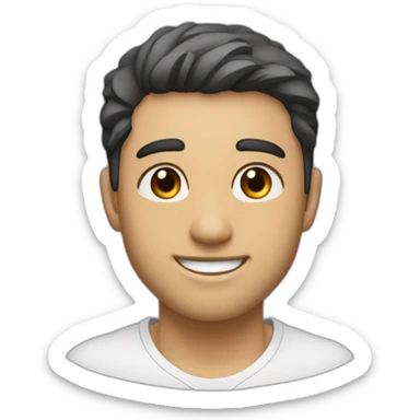 He has an athletic presence and a charming smile that lights up his face. He is tall, with shoulder-length dark hair, small brown eyes with a small nose, and a large mouth. sticker