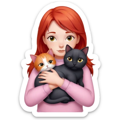 
a girl with red hair in pastel clothes hugs a black British cat sticker
