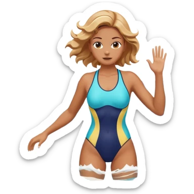 woman standing in the ocean with visible waves around her, medium shot showing upper body and surrounding water, waves clearly rising and splashing, dynamic sea motion, confident expression, 3D cartoon style, mobile game icon style, clean composition, no text, no watermark
  sticker