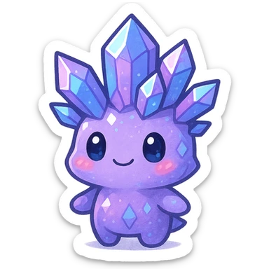 chibi kawaii style crystal sprite creature, mostly purple with blue and pink accents, cute and small sticker