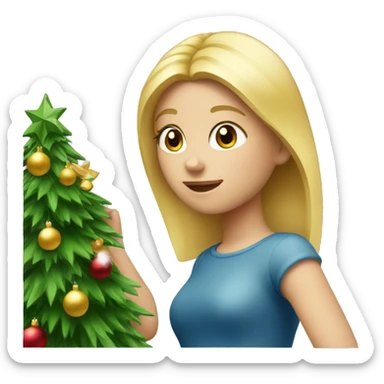 Blond Girl decorating a Christmas tree sticker
