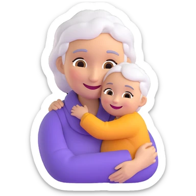 3D smiley emoji, round shape, grandmother hugging a grandchild, purple color, smiling face sticker