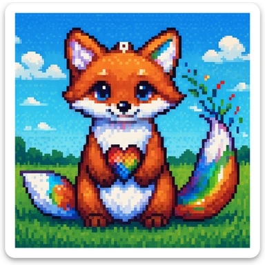 Add a pixel art outdoor background, such as a grassy field with a blue sky, to the cute fox with a rainbow. Maintain the pixel art style look. sticker