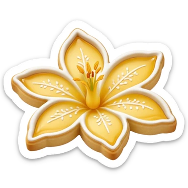 Realistic shortbread cookie in the shape of a lily flower with pastel yellow color jelly middle filling and sprinkled powder sugar on top. sticker