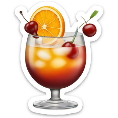 Cocktail garnished with an orange and a cherry sticker