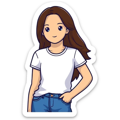 A 15 year old white girl with long, straight brown hair, a plain white t shirt, blue jeans, with brown eyes sticker