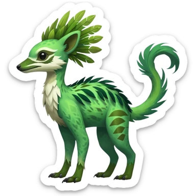  Tropical feathery shamanic cultural Greenish beautiful handsome gorgeous aesthetic colorful vibrant Vernid-Trico-species-Fakemon-creature by LiLaiRa, 4 legs, 1 tail, random markings, (full body) sticker