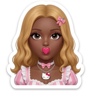 heart shaped lips, cute glossy lips, doll eyes with long lashes, dark brown skin, honey blonde hair, big chest, hello kitty necklace, one bow clip, bimbocore outfit sticker