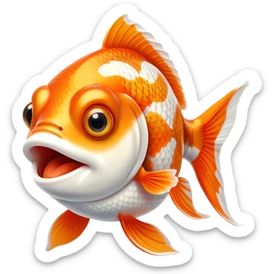 Cinematic Comical Orange and White Goldfish Portrait Emoji, Head tilted dramatically with an exaggeratedly amused expression, featuring a striking body with bold orange and white patterns, wide, expressive golden eyes filled with playful disbelief, Simplified yet hilariously expressive features, highly detailed, glowing with a slightly sassy glow, high shine, dramatic yet playful, stylized with an air of cheeky mischief, bright and endearing, soft glowing outline, capturing the essence of a spirited and over-the-top goldfish, so meme-worthy it feels like it could side-eye its way into internet fame instantly! sticker