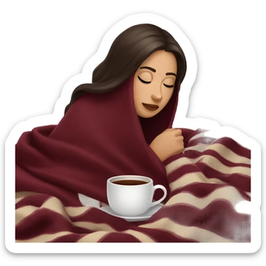Brunette girl inside a burgundy blanket sipping coffee eyes closed sticker