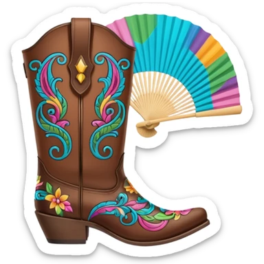 Cowboy boots in front of an open hand held fan sticker