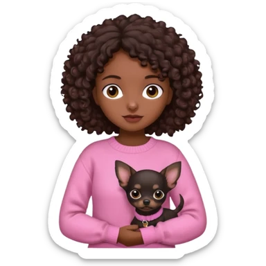 Girl with dark brown curly hair and brown eyes in a pink sweater holding a black chihuahua sticker
