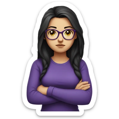 angry scowling white girl, purple t-shirt, long black hair, wearing glasses, with arms crossed over chest. sticker