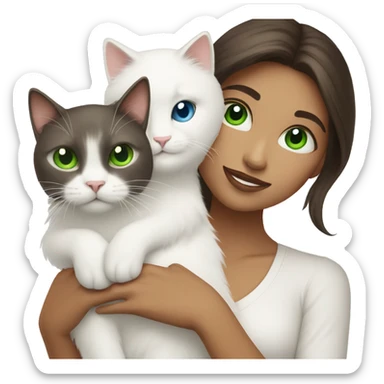 brunette with green eyes holds a white fluffy cat with blue eyes sticker