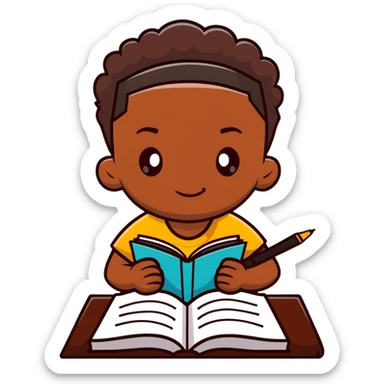 African boy student with brown skin writing with book and pen sticker