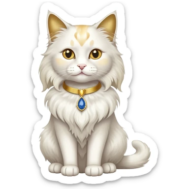 Fancy white fluffy long-haired sophisticated elegant sitting pet cat with a gold-sapphire collar (full body)  sticker