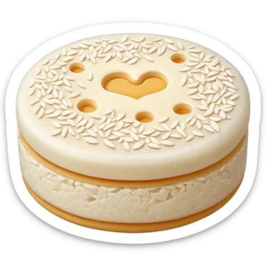 single round rice cake with light puffed texture, pale off-white color, speckled with tiny grains and air pockets, slightly uneven matte surface, crisp edges, delicate crunchy appearance, no packaging, no toppings, no extras, soft lighting, subtle shadows, emoji scale sticker