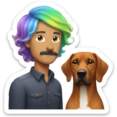 white male with rainbow colored hair and curled mustache standing alongside a brown rhodesian ridgeback dog sticker