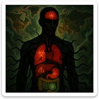 semi-realistic, high contrast style human figure, black worm-like forms radiate to organs, each organ with a colored glow and a disease symbol, world map, glowing fissures, green mist, allegorical sticker