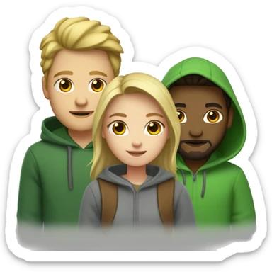 two girls and one guy. one of the girls is a blonde in a green sweater, the other has brown hair and wear gray hoodie, in the middle is a guy with dark hair and a beard sticker